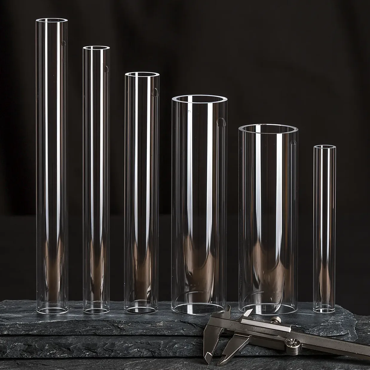 Une série de cylindres de verre de diamètres croissants, alignés sur une pierre sombre à côté d’un pied à coulisse.