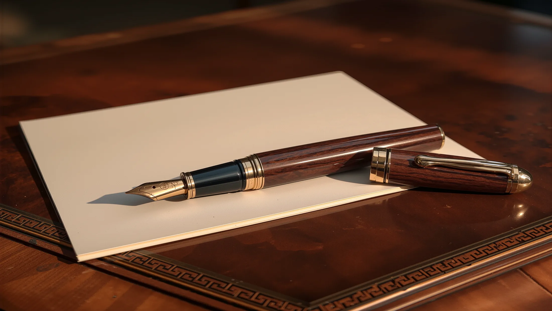 Une carte vierge de couleur crème et un stylo-plume à corps de bois, posés sur un bureau de bois sombre.