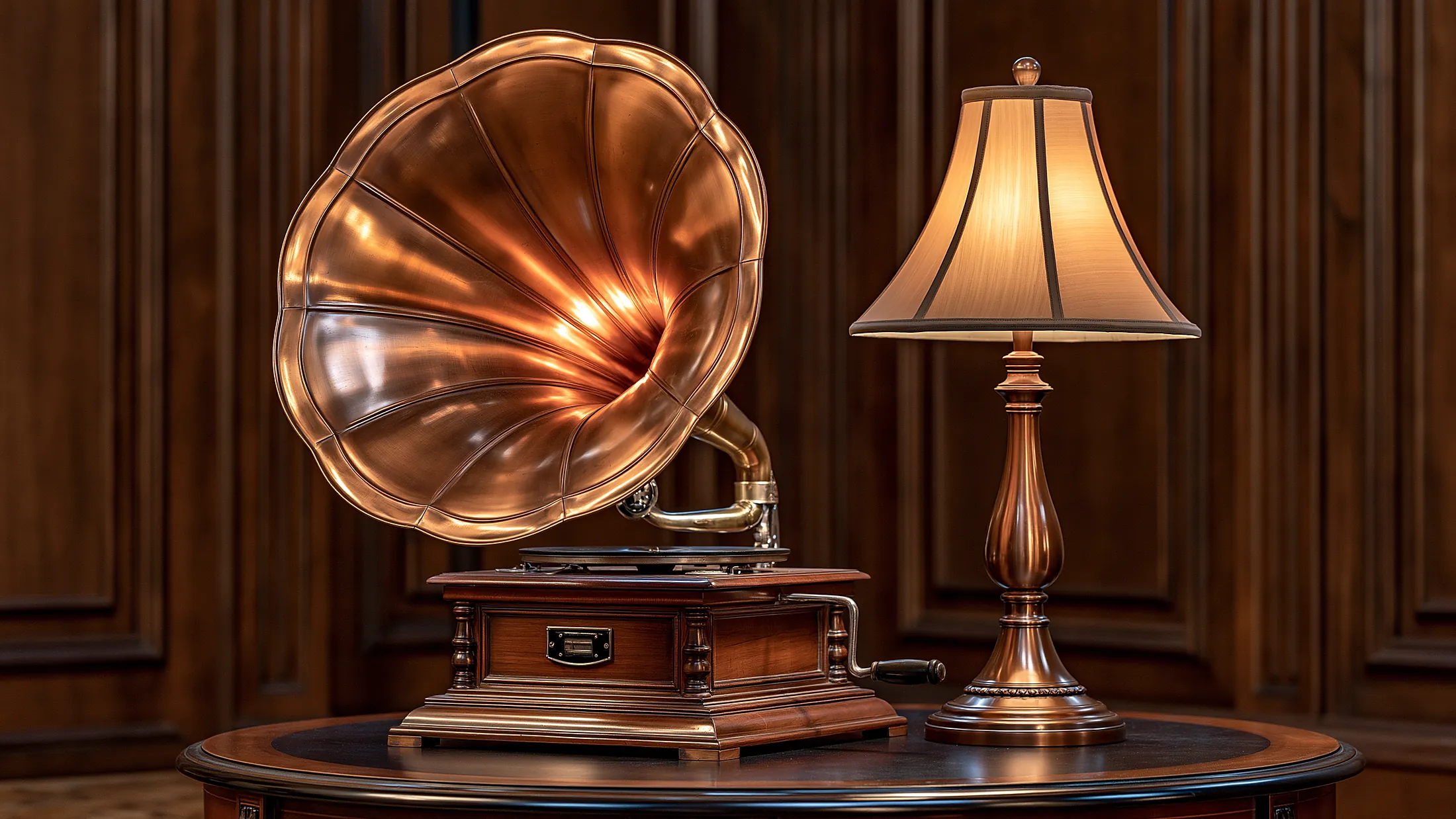 Un gramophone à pavillon de cuivre posé sur un guéridon, à côté d’une lampe allumée.