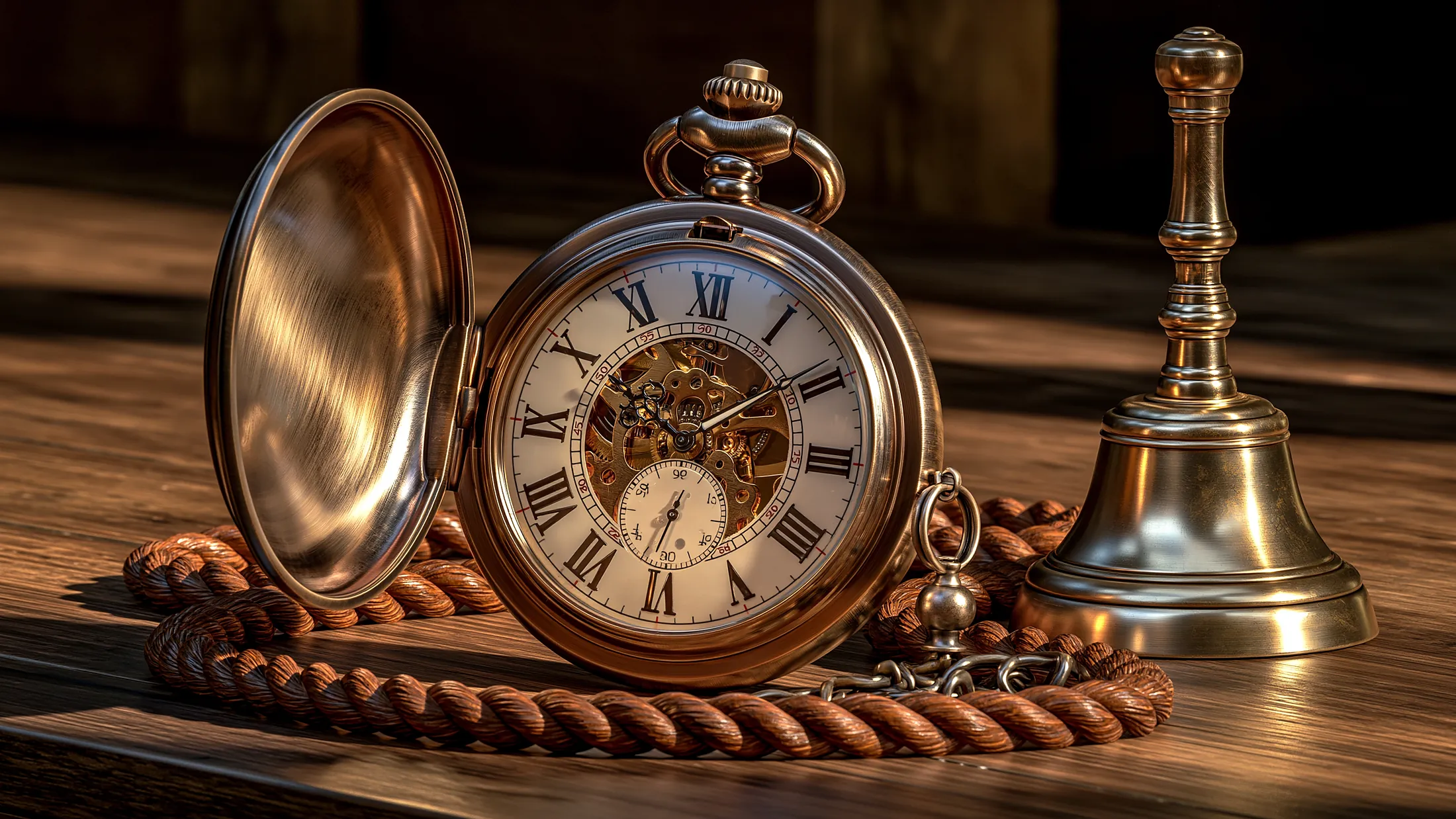 Une montre de gousset ouverte et une clochette de laiton, posées sur un bois sombre.