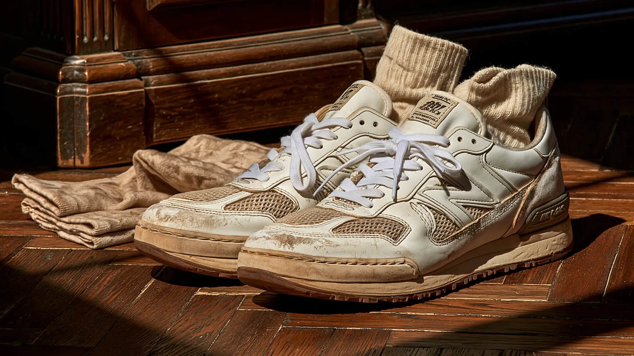 Une paire de baskets blanches usées sur un parquet sombre, des chaussettes de coton posées à côté.