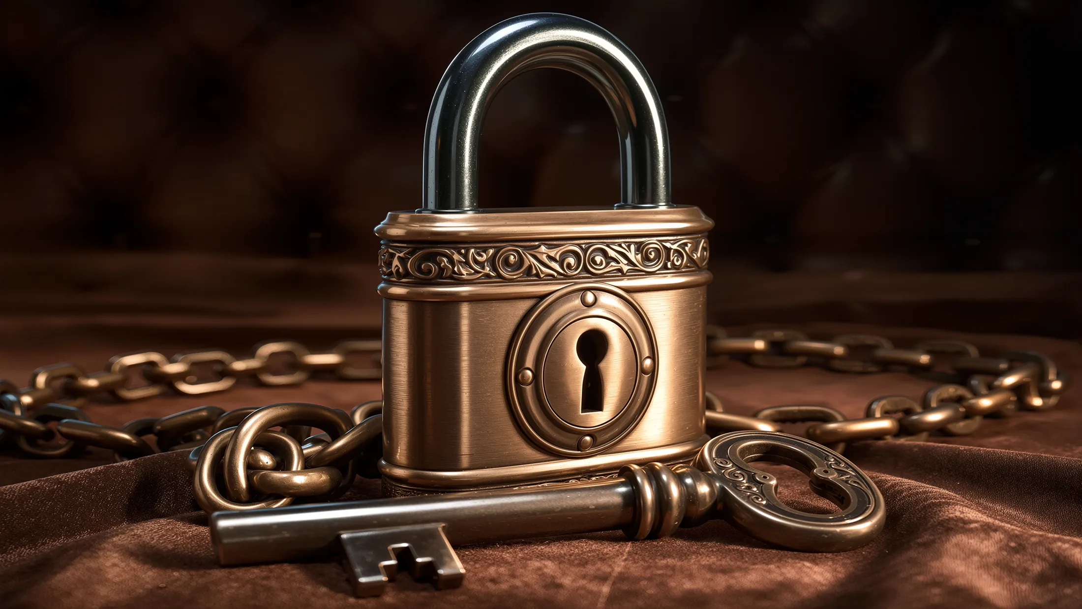 Un gros cadenas de laiton ancien, sa clé et sa chaîne, posés sur du velours sombre.